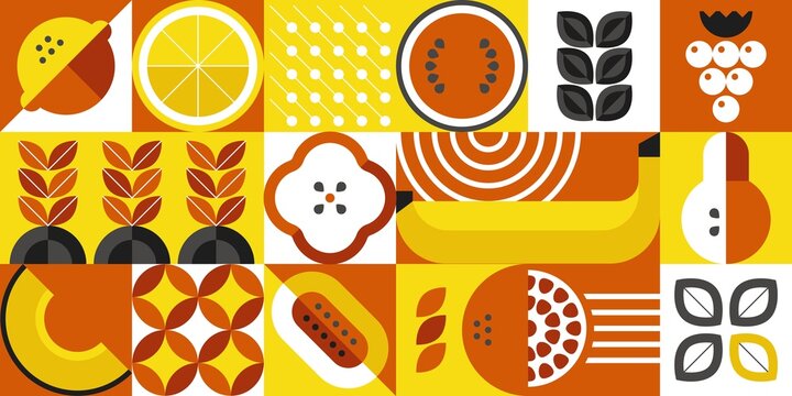 Naklejki Geometric food. Abstract minimalistic organic food banner with brutalistic shapes and simple forms. Vector illustration