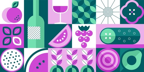 Abstract food. Minimalistic geometric fruits and vegetables on brutalistic banner. Vector organic food illustration