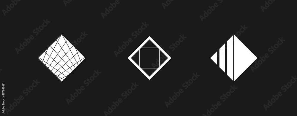 Poster set of retrowave design elements, rhombuses. rhombuses with stripes and linear rhombus with inscribe
