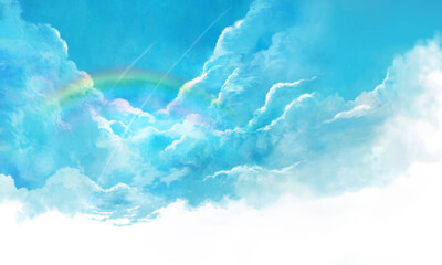 夏空と虹色の風景イラスト（水色）