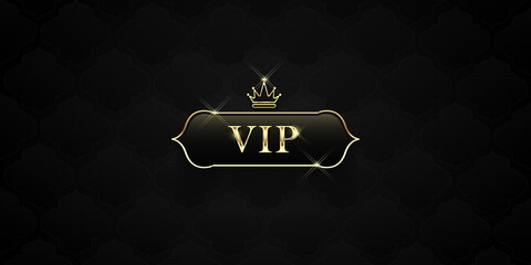 	
Vip black glass label with golden crown and frame on a black pattern background. Luxury template design. Vector illustration.