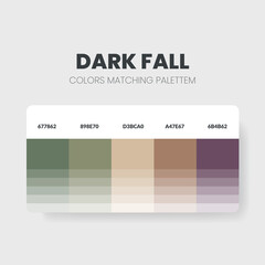 Dark fall mood color palettes or color schemes are trends combinations and palette guides this year; table color shades in RGB or HEX. A color swatch for a dark fall fashion, home, or interior design