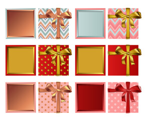Vector set of festive top view gift open square boxes with ribbon and bow isolated on white background.