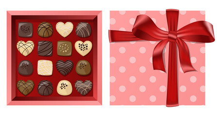 Vector festive top view coral gift open square box with red ribbon and bow and chocolates isolated on white background.