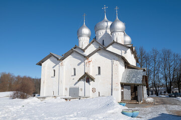 Fototapeta na wymiar Medieval Orthodox Church of Boris and Gleb (1536) on a sunny March day. Veliky Novgorod, Russia