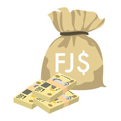 Fiji Dollar Vector Illustration. Fiji money set bundle banknotes. Money bag 100 FJD. Flat style. Isolated on white background. Simple minimal design.
