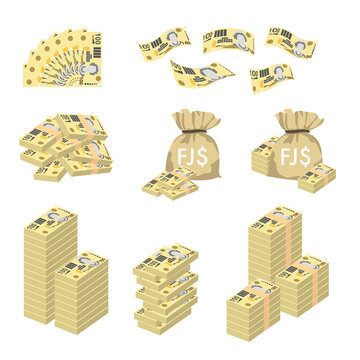 Fiji Dollar Vector Illustration. Huge packs of Fiji money set bundle banknotes. Bundle with cash bills. Deposit, wealth, accumulation and inheritance. Falling money 100 FJD