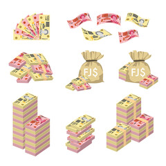 Fiji Dollar Vector Illustration. Huge packs of Fiji money set bundle banknotes. Bundle with cash bills. Deposit, wealth, accumulation and inheritance. Falling money 50, 100 FJD