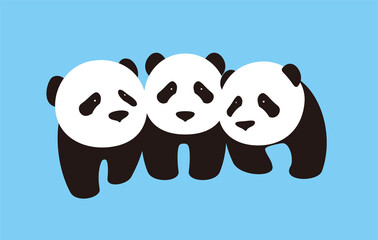 three cute panda babies standing together, flat design, vector