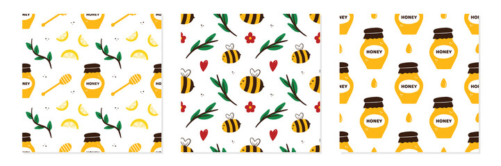 Set, collection of three vector seamless pattern backgrounds with bees and honey.
