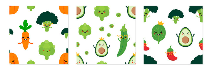 Set, collection of three vector seamless pattern backgrounds with cute cartoon style vegetable characters for food and harvest design.
