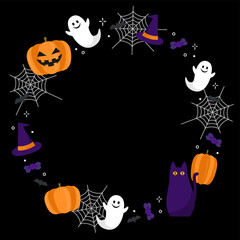 ハロウィン　かわいいオバケやカボチャの丸フレーム素材（黒背景）