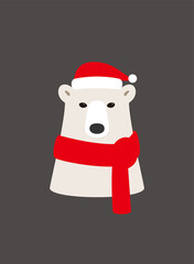 Portrait of polar bear, wearing christmas cap, like Santa Claus, cool style