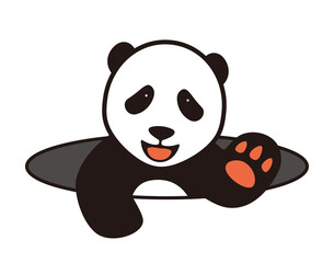 cute panda baby standing, come out from the hole, say hello