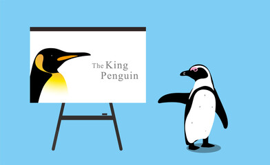 Penguin using business meeting blackboard, like a teacher, vector illustration