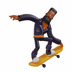 Cool Beard man 3D Cartoon Picture on a skateboard