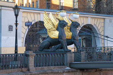Griffons of the Bank Bridge on a sunny April morning. Saint Petersburg