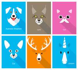 Animal cartoon faces, cute flat portrait icon, vector illustration