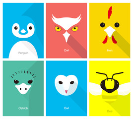 Animal cartoon faces, cute flat portrait icon, vector illustration