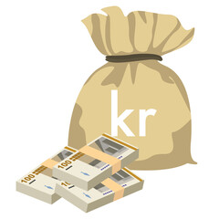 Danish Krone Vector Illustration. Denmark, Greenland, Faroe Islands money set banknotes. Money bag 100 Kr. Flat style. Isolated on white background. Simple minimal design.