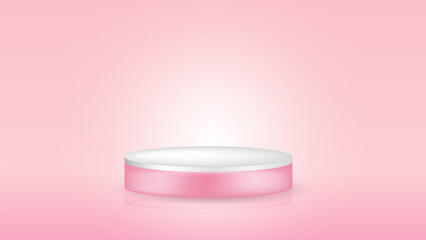 Simple 3d podium with pink background. White stage for product presentation on a banner. Soft light on a minimal scene pedestal. Award platform mockup