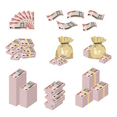 Danish Krone Vector Illustration. Huge packs of Denmark, Greenland, Faroe Islands money set banknotes. Bundle with cash bills. Deposit, wealth, inheritance. Falling money 1000 Kr
