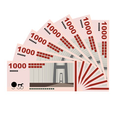 Danish Krone Vector Illustration. Denmark, Greenland, Faroe Islands money set banknotes. Paper money 1000 Kr. Flat style. Isolated on white background. Simple minimal design.