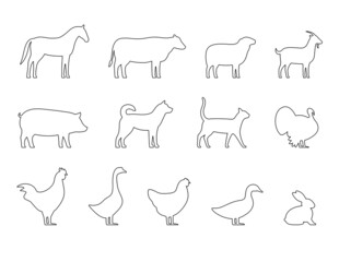 Livestock, Farm animals and their kids, black icons set, vector illustration