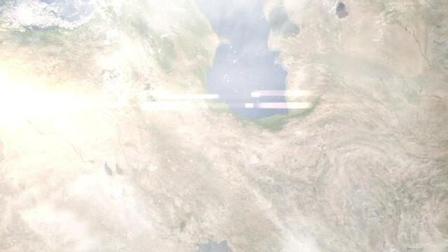 Earth zoom in from outer space to city. Zooming on Qazvin, Iran. The animation continues by zoom out through clouds and atmosphere into space. Images from NASA