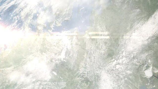 Earth zoom in from outer space to city. Zooming on Torun, Poland. The animation continues by zoom out through clouds and atmosphere into space. Images from NASA