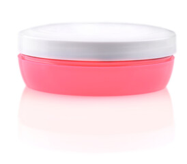 Closed jar with hand cream isolated on white background