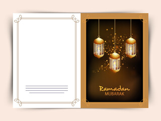 Ramadan Mubarak Greeting Card With Realistic Golden Lit Lanterns In Brown And White Color.