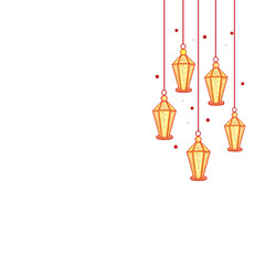Muslim Community Festival Concept With Hanging Arabic Lanterns Decorated On White Background And Copy Space.