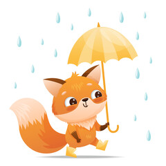 Baby fox walks in the rain with a yellow umbrella and shod in boots. Drawn in cartoon style. Vector illustration for designs, prints and patterns. Isolated on white background