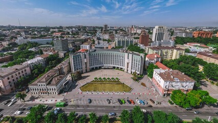 Dnipro, Ukraine. View of the central part of the city. Top view from a great height. Panoramic view of the city. Right bank of the city. Dnipro City Council