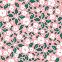 Seamless vintage pattern. white flowers and dots, green leaves. pink background. vector texture. fashionable print for textiles, wallpaper and packaging.