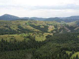 Green mountains of Ukrainian Carpathians in summer. Aerial drone view.