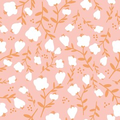 Fototapeta na wymiar Seamless vintage pattern. white flowers , orange leaves . pink background. vector texture. fashionable print for textiles, wallpaper and packaging.