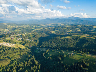 Ukrainian Carpathians mountains in summer. Aerial drone view.