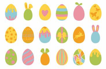 Happy Easter. Big collection of eggs with different textures, patterns and festive decorations on a white background. Spring holiday. Design elements for banner, poster, holiday cards. Vector flat