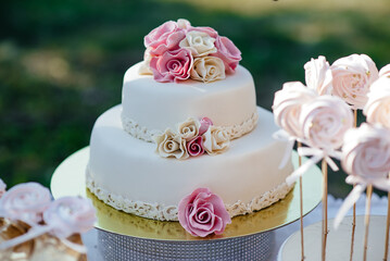 Obraz na płótnie Canvas sweet white buttercream round cake whit roses flower