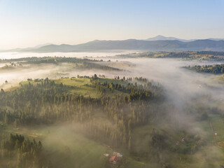 Morning fog in the Ukrainian Carpathians. Aerial drone view.