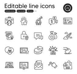 Set of Technology outline icons. Contains icons as Cogwheel, Pie chart and Comment elements. Online voting, Startup rocket, Web inventory web signs. Fingerprint lock, Upload photo. Vector