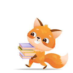 Baby fox carries books to school or library. Drawn in cartoon style. Vector illustration for designs, prints and patterns. Isolated on white background