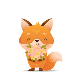 Baby fox stands with a bouquet of flowers in his hands. Drawn in cartoon style. Vector illustration for designs, prints and patterns. Isolated on white background