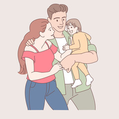 Happy family which dad holding baby smiling mother father and son cute cartoon characters colorful  illustration in flat style.