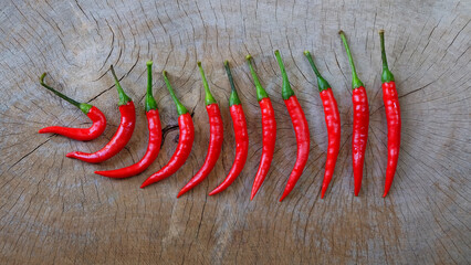 Red chili peppers arranged in a row on a wooden table background.