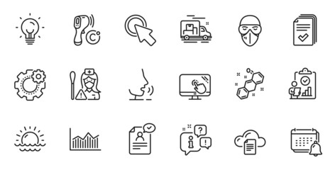 Outline set of Electronic thermometer, Energy and Cogwheel line icons for web application. Talk, information, delivery truck outline icon. Include Medical mask, Notification, Handout icons. Vector