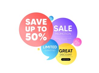 Discount offer bubble banner. Save up to 50 percent tag. Discount Sale offer price sign. Special offer symbol. Promo coupon banner. Discount round tag. Quote shape element. Vector