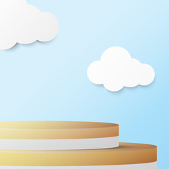Gold Cylinder and blue color background minimal scene with clouds, platform, podium for the presentation. Scene to show cosmetic showcase, shopfront, display case. 